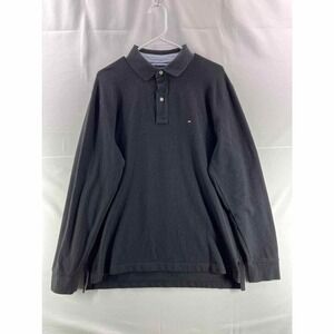 Tommy Hilfiger Mens Polo Shirt L Black Long Sleeve Collared Button Logo Casual